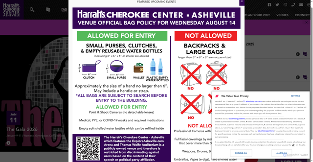 Security scan screenshot of https://www.harrahscherokeecenterasheville.com/home/