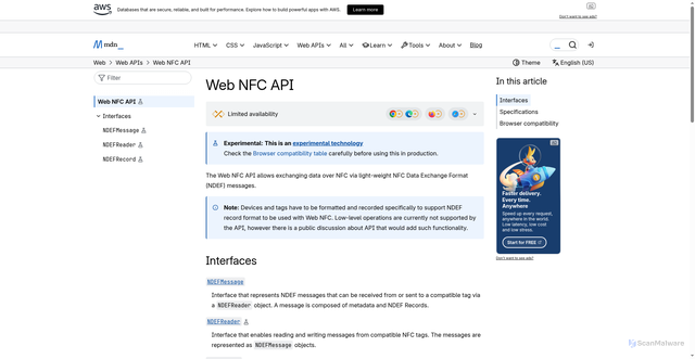 Security scan screenshot of https://developer.mozilla.org/en-US/docs/Web/API/Web_NFC_API