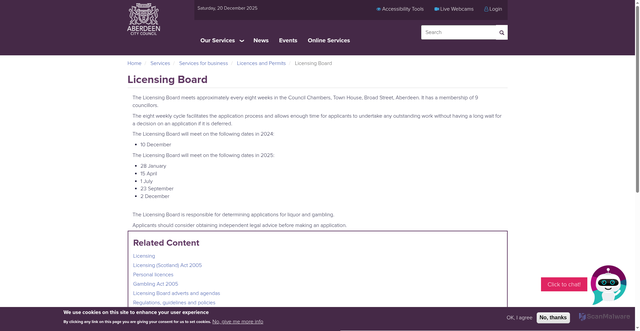 Security scan screenshot of https://www.aberdeencity.gov.uk/services/services-for-business/licences-and-permits/licensing-board
