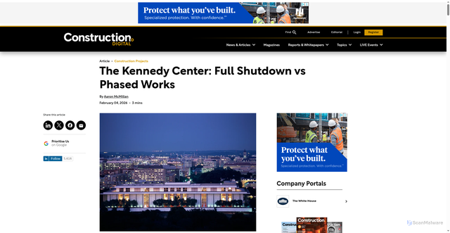 Security scan screenshot of https://constructiondigital.com/news/kennedy-center-full-shutdown-phased-works