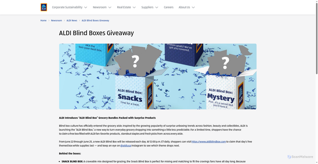 Security scan screenshot of https://corporate.aldi.us/newsroom/news/aldi-blind-boxes-giveaway