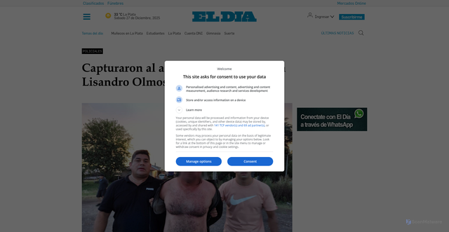 Security scan screenshot of https://www.eldia.com/nota/2023-1-22-21-57-0-capturaron-al-asesino-de-una-joven-en-lisandro-olmos--policiales