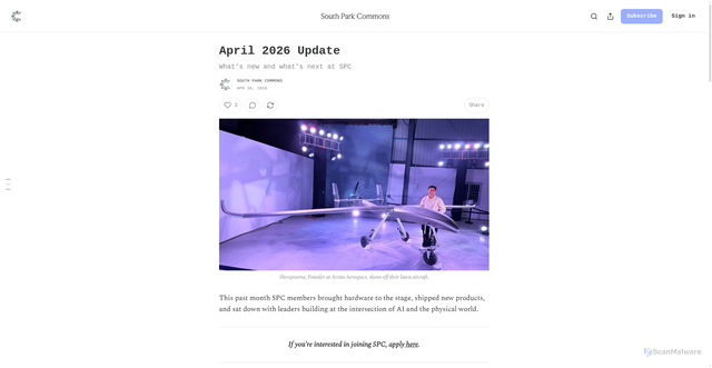 Security scan screenshot of https://blog.southparkcommons.com/p/april-2026-update