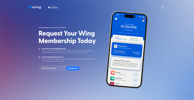 Security scan screenshot of https://www.wing.app/request-membership