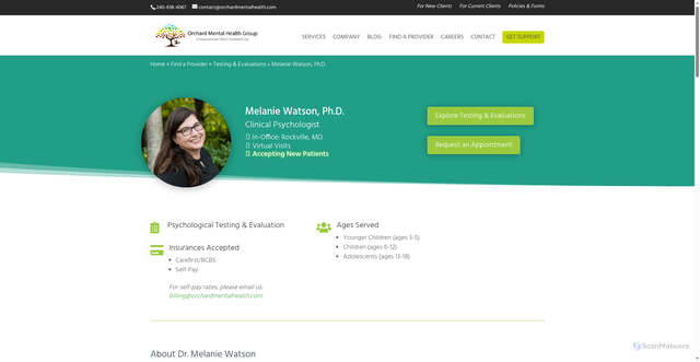 Security scan screenshot of https://orchardmentalhealth.com/testing_evaluation/melanie-watson-ph-d/