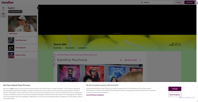 Security scan screenshot of https://tennisarchive.fandom.com/wiki/Karol%C3%ADna_Muchov%C3%A1