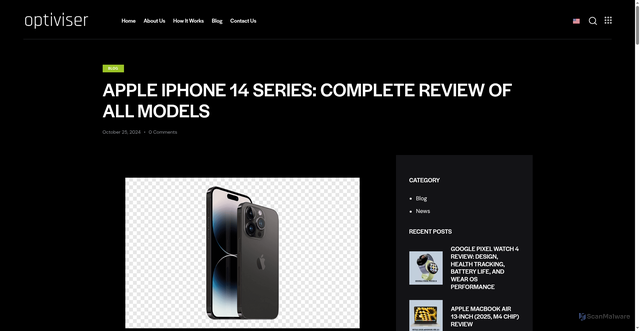 Security scan screenshot of https://optiviser.com/apple-iphone-14-series-complete-review-of-all-models/