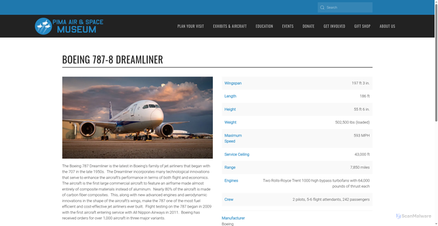 Security scan screenshot of https://pimaair.org/museum-aircraft/boeing-787-8/