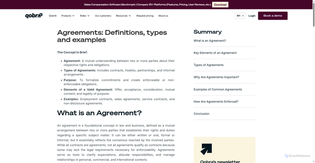 Security scan screenshot of https://www.qobra.co/glossary/agreement-definition