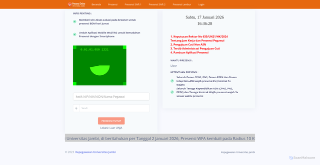 Security scan screenshot of https://presensi.unja.ac.id