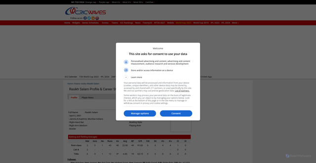 Security scan screenshot of https://www.cricwaves.com/cricket/5863/rasikh-salam/PlayerDetails.html