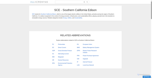 Security scan screenshot of https://www.allacronyms.com/SCE/Southern_California_Edison
