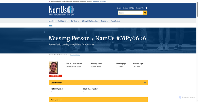 Security scan screenshot of https://namus.nij.ojp.gov/case/MP76606