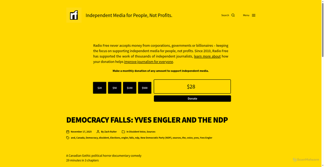 Security scan screenshot of https://www.radiofree.org/2025/11/17/democracy-falls-yves-engler-and-the-ndp/
