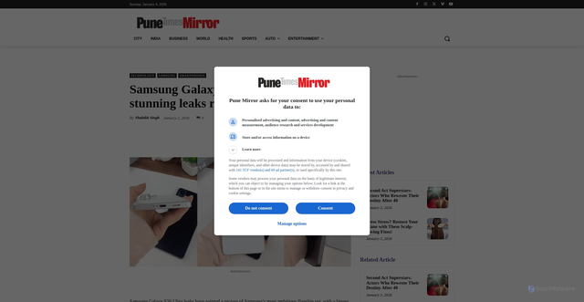 Security scan screenshot of https://punemirror.com/technology/samsung-galaxy-s26-ultra-leaks-india-launch/
