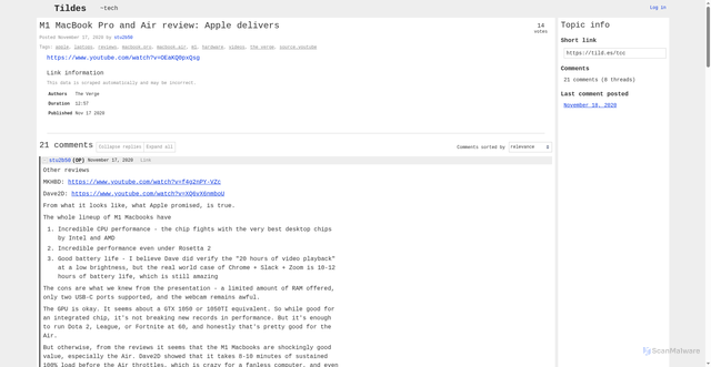 Security scan screenshot of https://tildes.net/~tech/tcc/m1_macbook_pro_and_air_review_apple_delivers