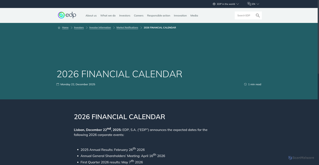 Security scan screenshot of https://edp.com/en/investors/investor-information/market-notifications/2026-financial-calendar