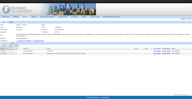 Security scan screenshot of https://phila.legistar.com/LegislationDetail.aspx?ID=5541368&GUID=15C39BB0-4127-4E4E-8659-D9E97ABCF76F&Options=&Search=