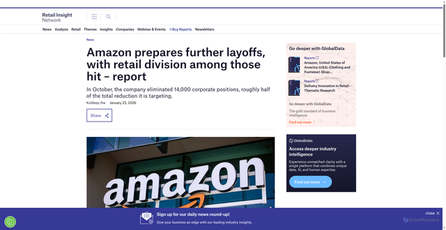 Security scan screenshot of https://www.retail-insight-network.com/news/amazon-prepares-further-layoffs-including-retail/