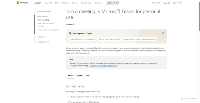Security scan screenshot of https://support.microsoft.com/en-us/teams/personal/meetings-calls/join-a-meeting-in-microsoft-teams-personal