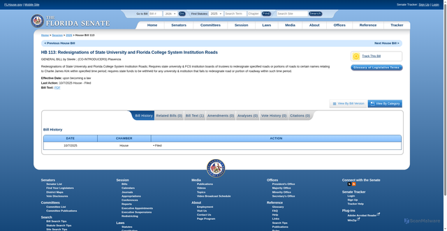 Security scan screenshot of https://www.flsenate.gov/Session/Bill/2026/113