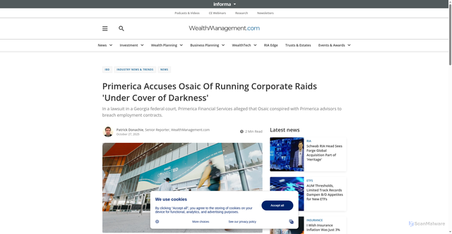 Security scan screenshot of https://www.wealthmanagement.com/ibd-news/primerica-accuses-osaic-of-running-corporate-raids-under-cover-of-darkness-
