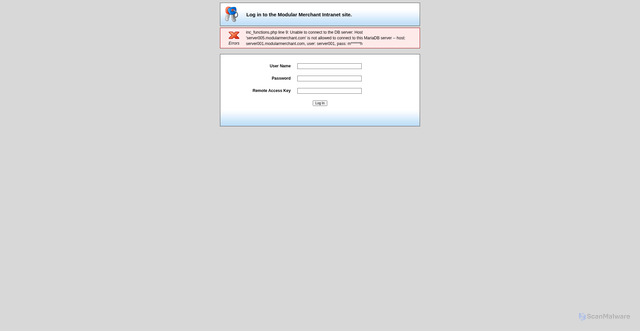 Security scan screenshot of http://support.modularmerchant.com/login.php