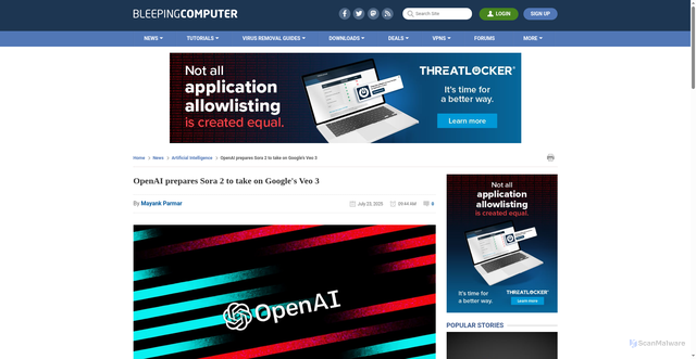 Security scan screenshot of https://www.bleepingcomputer.com/news/artificial-intelligence/openai-prepares-sora-2-to-take-on-googles-veo-3/