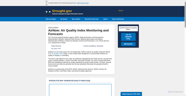 Security scan screenshot of https://www.drought.gov/data-maps-tools/airnow-air-quality-index-monitoring-and-forecasts