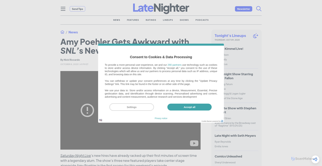 Security scan screenshot of https://latenighter.com/news/amy-poehler-gets-awkward-with-snls-new-hires-in-new-promo/