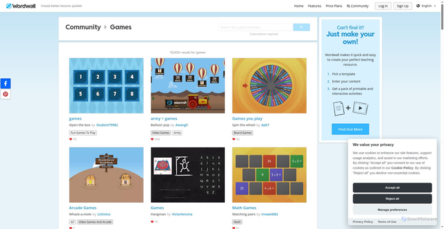 Security scan screenshot of https://wordwall.net/en-us/community/games