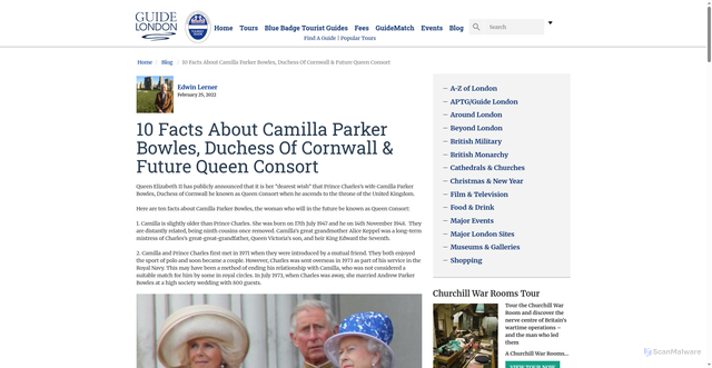 Security scan screenshot of https://www.guidelondon.org.uk/blog/british-monarchy/facts-about-camilla-parker-bowles/