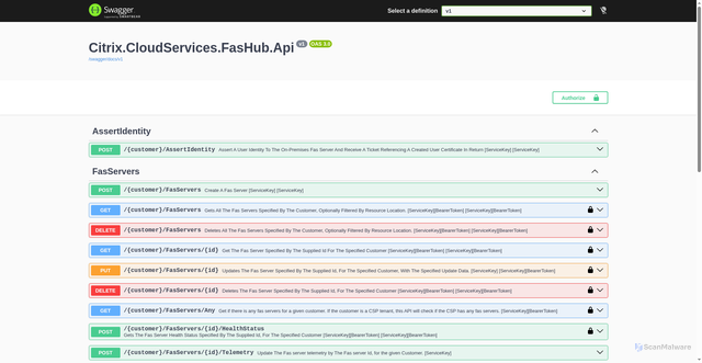 Security scan screenshot of https://fashub-direct-australiaeast-release-a.citrixworkspacesapi.net