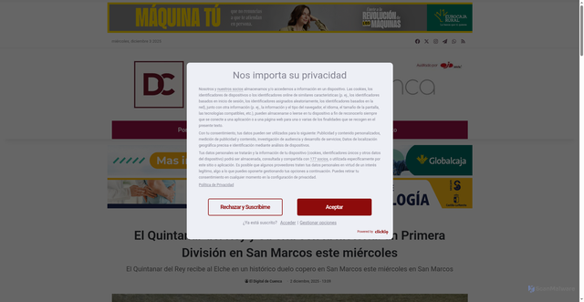 Security scan screenshot of https://eldigitaldecuenca.com/2025/12/02/el-quintanar-del-rey-y-su-cita-con-la-historia-un-primera-division-en-san-marcos-este-miercoles/
