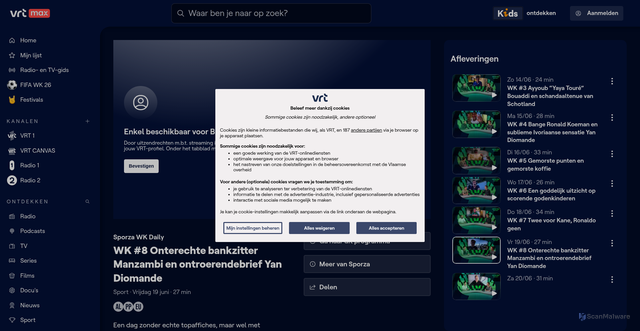 Security scan screenshot of https://www.vrt.be/vrtmax/a-z/sporza-daily/4/sporza-daily-s4a8/