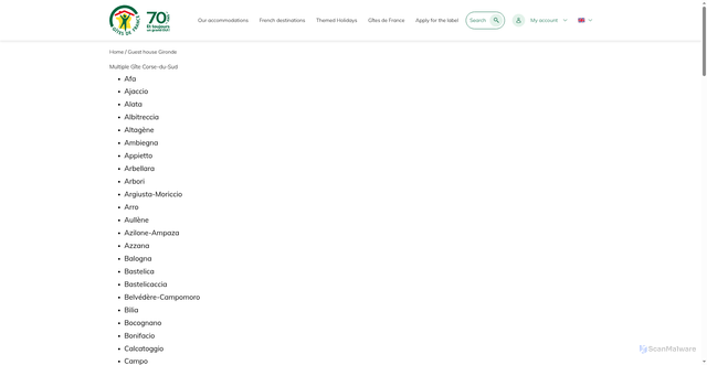Security scan screenshot of https://www.gites-de-france.com/en/towns?dep=2A&type=36173