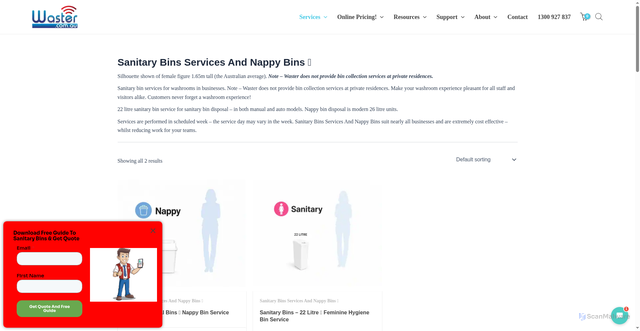 Security scan screenshot of https://waster.com.au/product-category/sanitary-bins-feminine-hygiene/