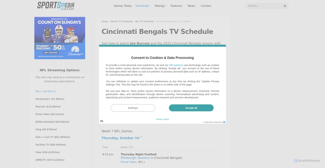 Security scan screenshot of https://www.sportsmediawatch.com/tv-schedules/nfl-tv-schedule/cincinnati-bengals/