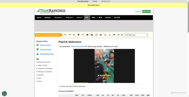 Security scan screenshot of https://www.teamrankings.com/nfl/player/patrick-mahomes/stats/passing