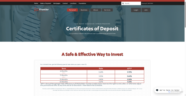 Security scan screenshot of https://frontiercreditunion.com/accounts/savings/certificates/