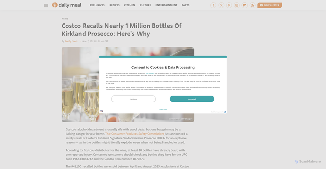 Security scan screenshot of https://www.thedailymeal.com/2019819/costco-kirkland-prosecco-recall/