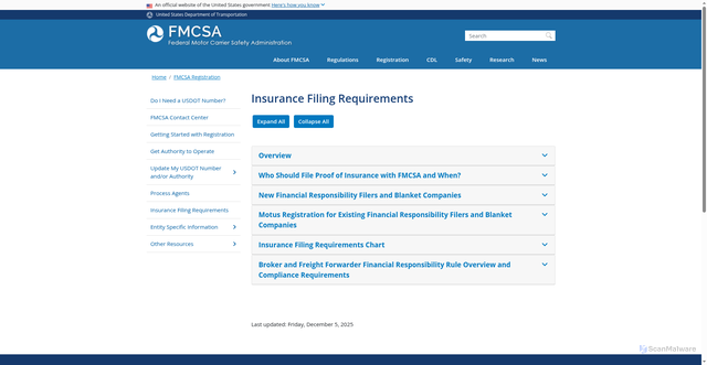 Security scan screenshot of https://www.fmcsa.dot.gov/registration/insurance-filing-requirements