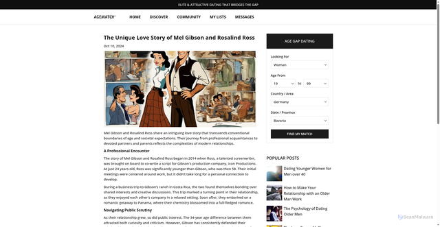 Security scan screenshot of https://www.agematch.com/age-match-dating-blog/the-unique-love-story-of-mel-gibson-and-rosalind-ross