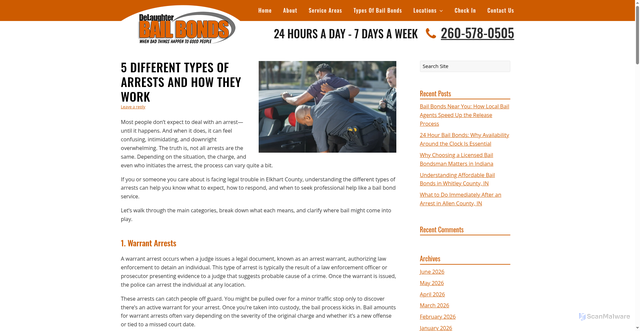 Security scan screenshot of https://delaughterbailbonds.com/blog/5-different-types-of-arrests-and-how-they-work/