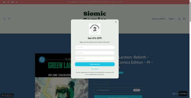 Security scan screenshot of https://siomiccomics.com/products/2027-green-lantern-rebirth-dc-compact-comics-edition-m-eng-promo?srsltid=AU7gw4XUa1ERK-gLQm6LEgKGA0TyMat2nBGYJ53IBhkm5rGOS_8CG7L3