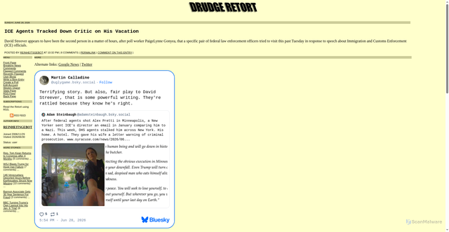 Security scan screenshot of https://drudge.com/news/292923/ice-thugs-tracked-down-critic-his-vacation