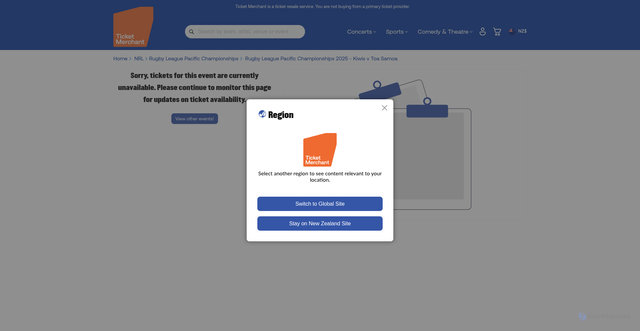 Security scan screenshot of https://www.theticketmerchant.co.nz/rugby-league-pacific-championships-2025-kiwis-v-toa-samoa-auckland-19-10-2025-tickets