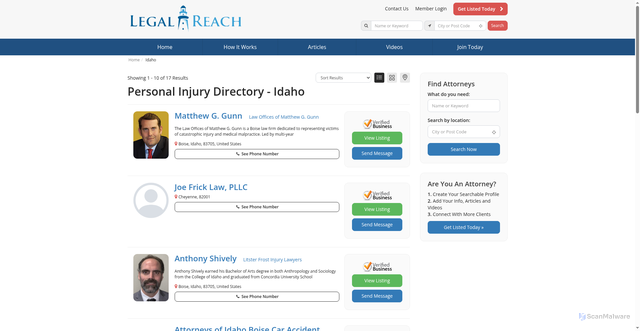Security scan screenshot of https://www.legalreach.com/idaho/personal-injury