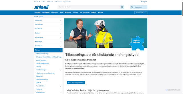 Security scan screenshot of https://www.ahlsell.se/tjanster/tillpassningstest/?utm_campaign=Veckans%20V%c3%a4rsting%20%20v33%20-%20Linjelaser&utm_medium=Ahlsell%20Erbjudande&utm_source=BizWizard