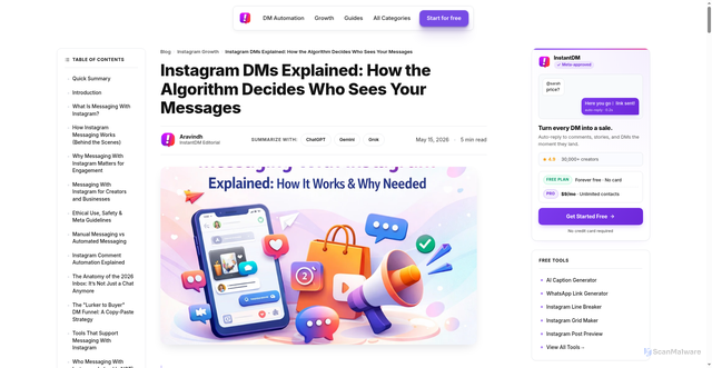 Security scan screenshot of https://instantdm.com/blog/messaging-with-instagram-explained-how-it-works-why-needed